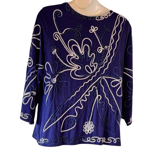 Objects D'Art Navy Stretch Tunic Heavily Embroidered Art to Wear Plus Size 2X - Picture 3 of 5
